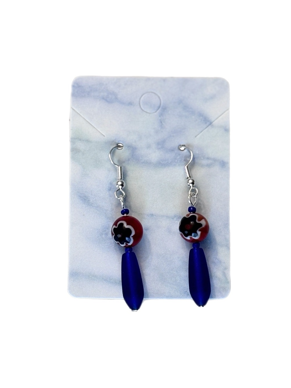 Blue & Red Millefiori Glass Bead Dangle Earrings Handmade